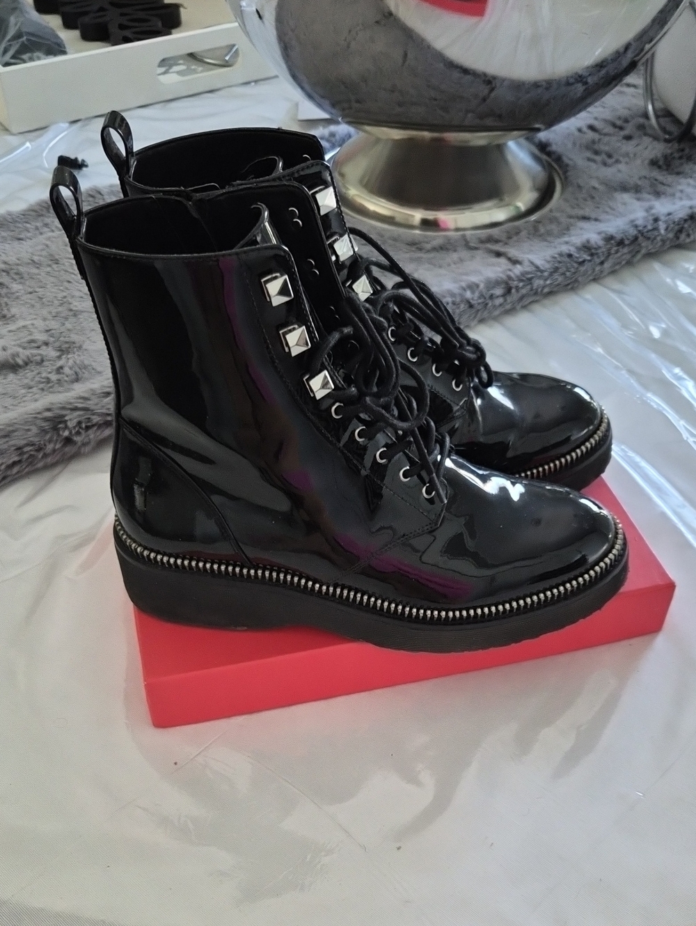 Michael Kors Black Patent Lace-Up Ankle Boots with Stud Detail